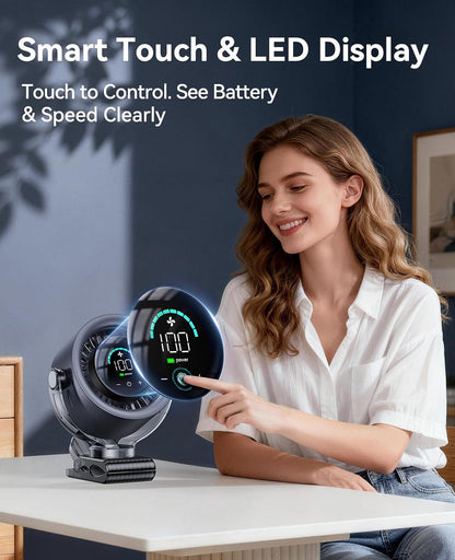 KIMMOO 4000mAh Rechargeable Portable Clip on Fan-100-Speed Touch Control, LED Display, 360° Rotate Quiet Turbo Desk Fan, Small Battery Operated USB Fan for Stroller Bed Travel Camping Golf Gym (Black)