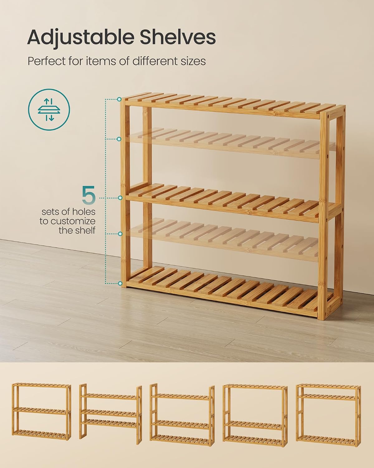 SONGMICS Bamboo Rolling Cart, 3-Tier Utility Cart on Wheels, Slim Narrow Storage Shelf, Bamboo Shelves, Space-Saving, Multifunctional, for Bathroom, Kitchen, White and Natural UBCB083N02