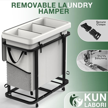 60 Gal(230L) Laundry Basket with Lid, Rolling Laundry Hamper with Wheels, Dirty Clothes Hamper with Metal Frame and Removable Bag Design, Suitable for Laundry Room, Bedroom (Black, 3 Section 230L)