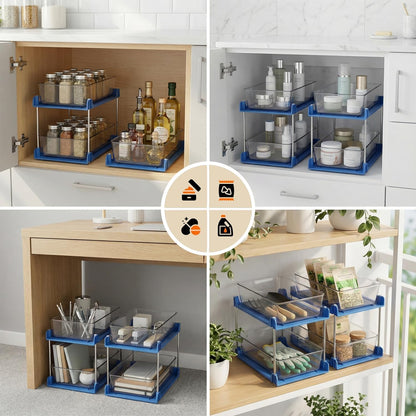 2 Pack Bathroom Organizer,2 Tier Blue Under Sink Organizers Vanity Countertop Storage Container,Cabinet Drawers Bins, Pull-Out Organization with Track for Pantry, Kitchen