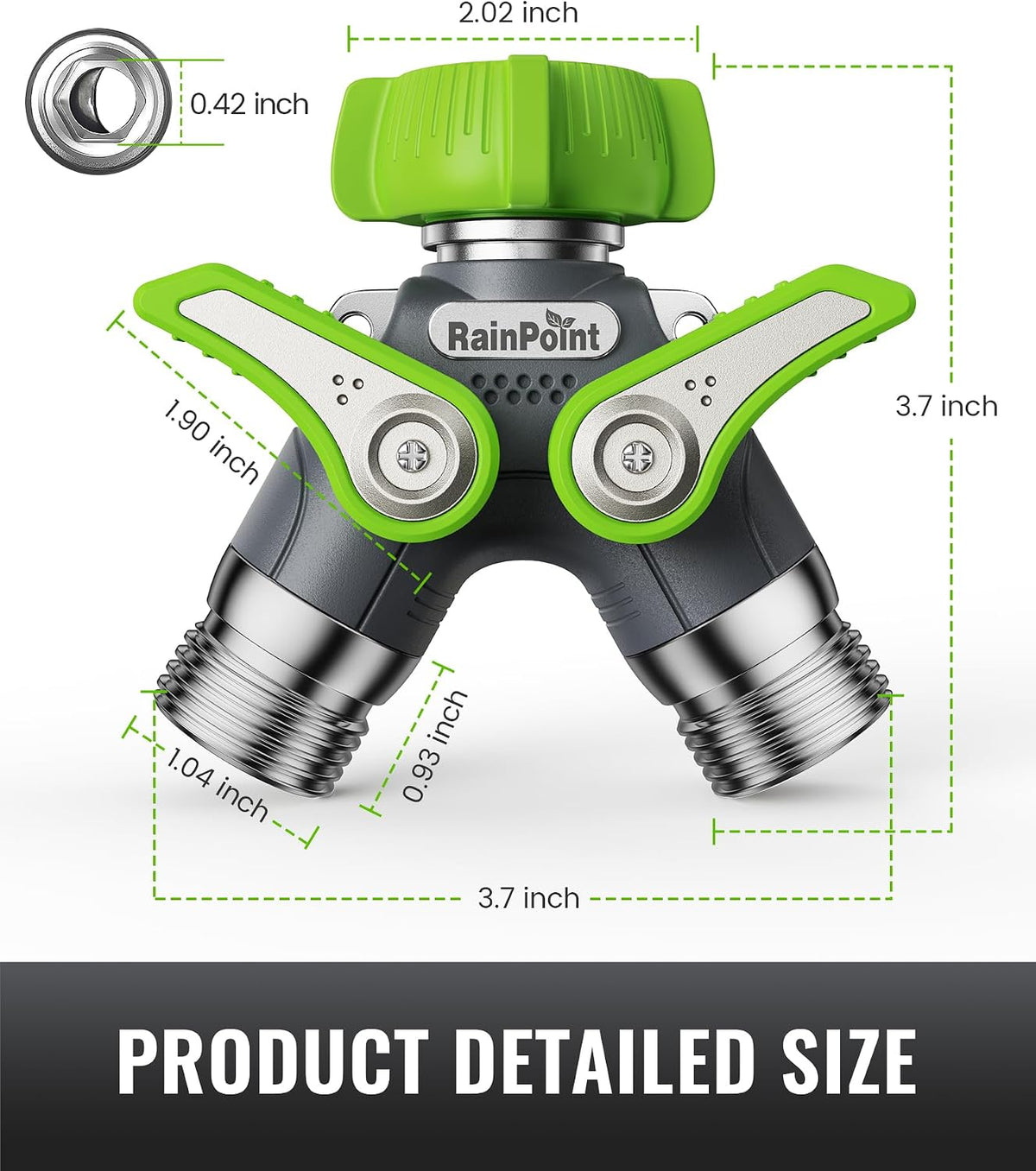 RAINPOINT 2 Way Garden Hose Splitter | Heavy Duty Water Spigot Splitter with Shutoff Valves, 100% Metal Body, 1.9" Extra Long Metal Handle, 3/4" GHT Thread