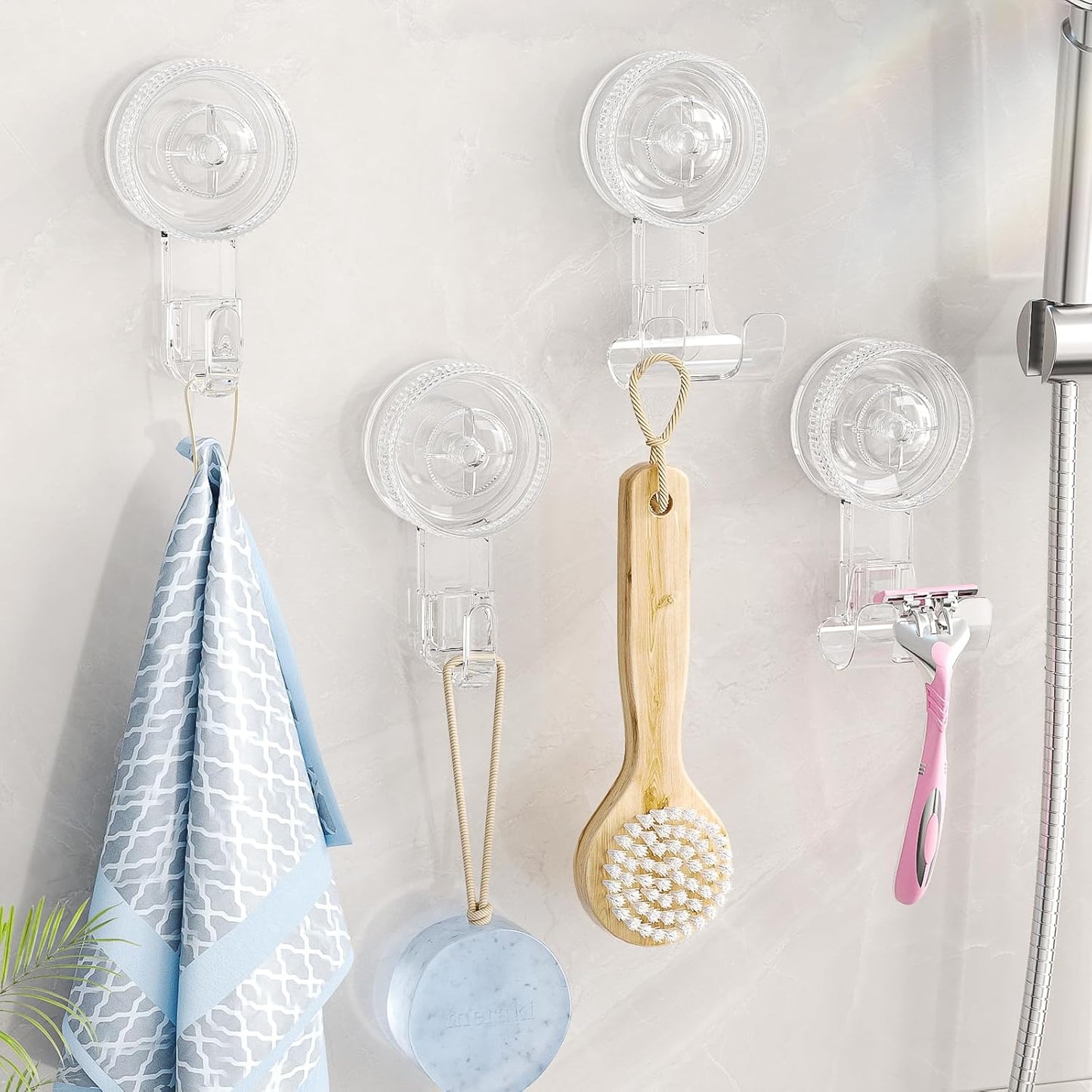 LUXEAR Suction Hooks, 2 Pack Razor Hooks Removable & Reusable Suction Shower Hook Damage-Free Powerful Suction Hanger for Towel Bathrobe Loofah Bathroom Kitchen Storage Hooks Weather Hanger Hook