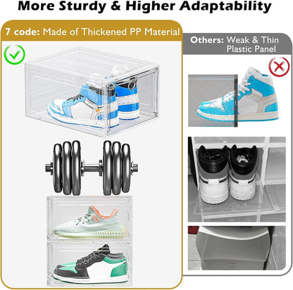7 code Thicken & Sturdy Clear Shoe Storage Organizer with Magnetic Door, Stackable Boxes for Closet, Foldable Shoe Rack for Sneaker Boot Container, Plastic Shoe Cabinet Shoe Box 6 Pack, Black