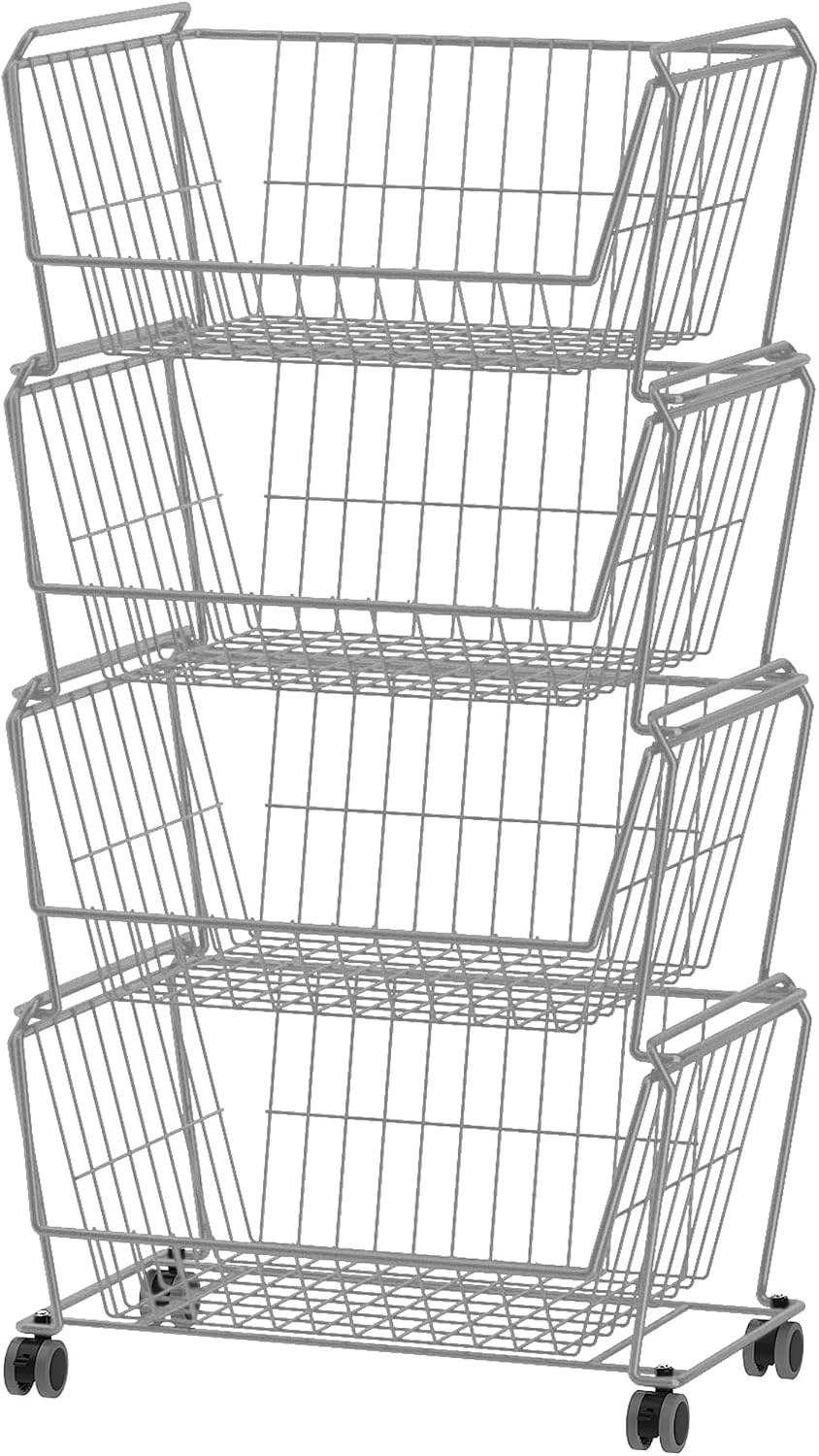 PUSDON 6-Tier Tall Stackable Wire Storage Baskets with Wheels, Vertical Metal Rolling Utility Cart, High Capacity Produce Basket for Kitchen Pantry, Snack Organizer, Matte Black
