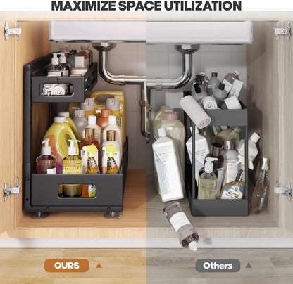 2 Pack Under Sink Organizer,Pull Out Cabinet Organizer with Smooth Cylindrical Rail,Metal Slide Out Drawer for Kitchen Bathroom Laundry Cabinet,8-Level Tool Free Height Adjustable-Black