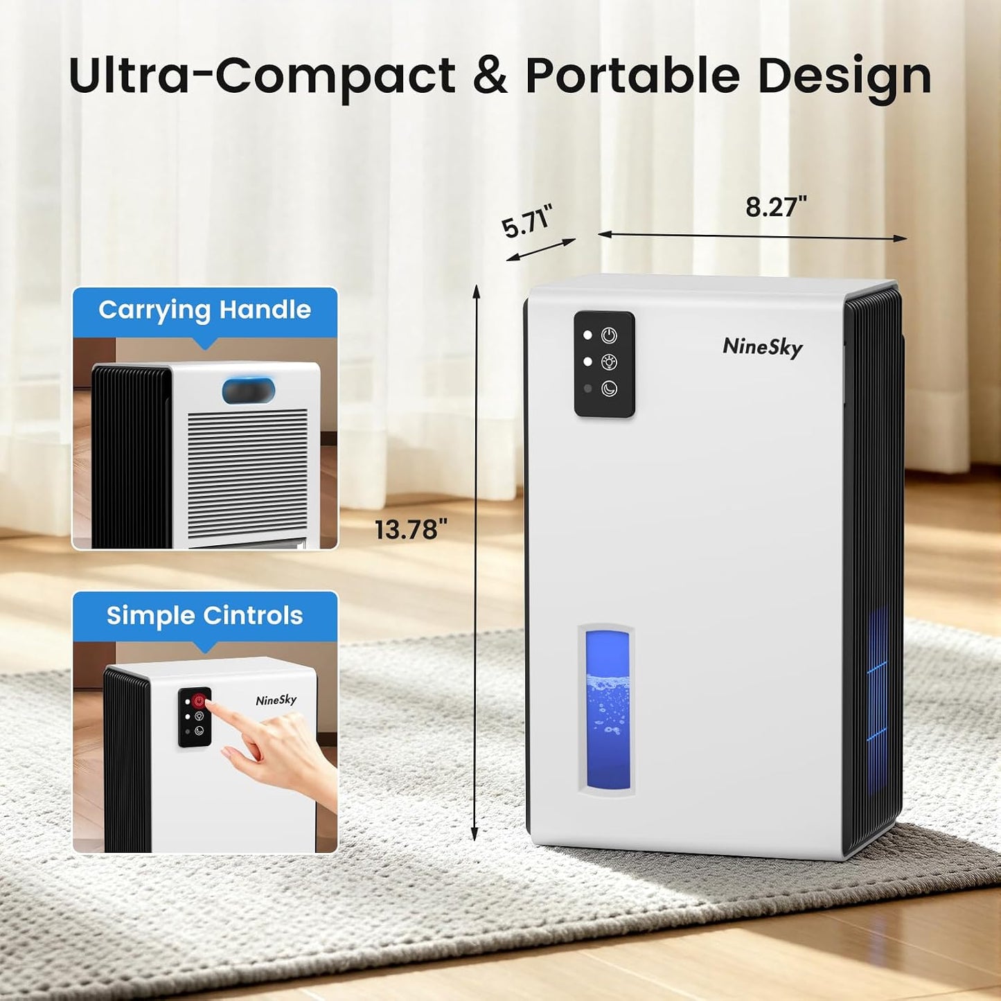 NineSky Dehumidifiers for Home, 1000 Sq.Ft Dehumidifier with 95oz Water Tank, Quiet Dehumidifier for Basement Bathroom Bedroom with 7-Color Ambient Light & Auto Shut Off, Sliver