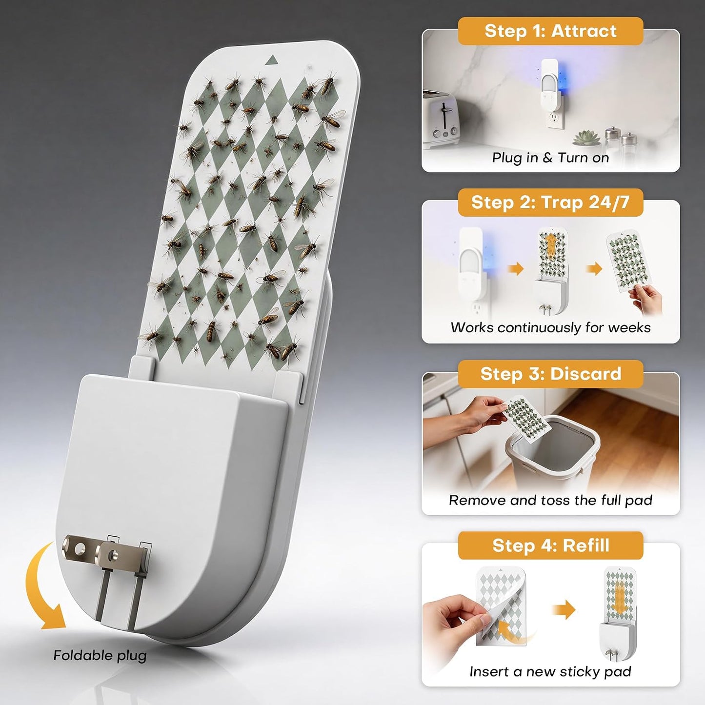 Fruit Fly Traps for Indoors Plug-in with Double-Sided Sticky Glue Cards | Flying Insect Trap for Fruit Flies, Gnats, Moths, Includes 3 Refills for House