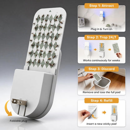 Fruit Fly Traps for Indoors Plug-in with Double-Sided Sticky Glue Cards | Flying Insect Trap for Fruit Flies, Gnats, Moths, Includes 3 Refills for House