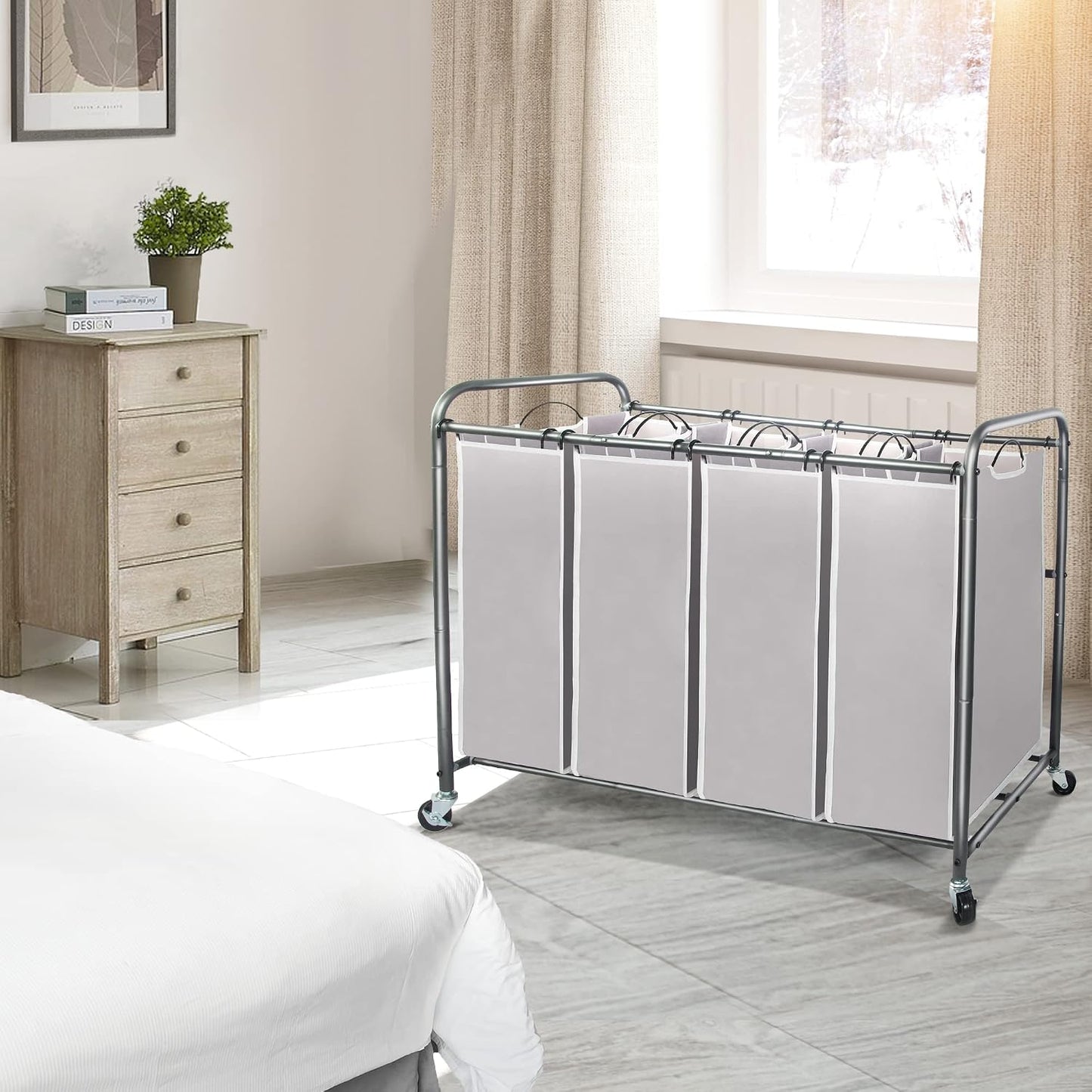 STO STO Laundry Sorter 3 Section, 3 Bag Clothes Hamper, Rolling Laundry Cart Basket with Heavy Duty Lockable Wheels and Removable Bag for Laundry Room, Bedroom, Closet, Gray