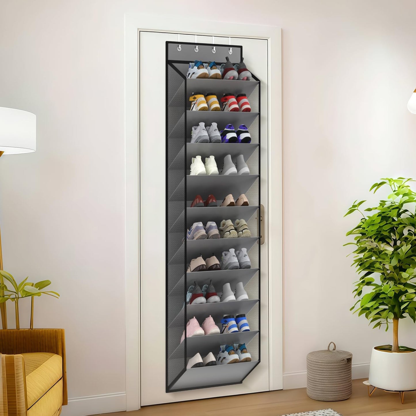 KEEPJOY Over the Door Shoe Organizer, Hanging Shoe Organizer with 4 Hooks, Shoe Holder with 14 Mesh Pockets Closet Door Shoe Storage Bag (White-2Pack)