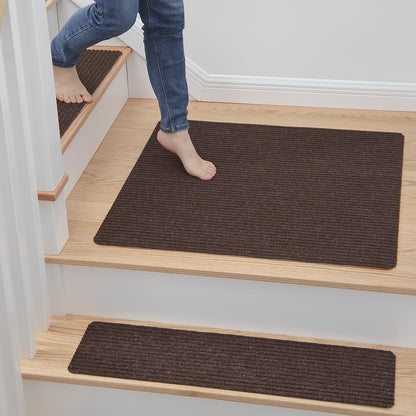 MBIGM 8" X 30" (15 in Pack) Nonslip Carpet Stair Treads Non-Skid Safety Rug Slip Resistant Indoor Runner for Kids Elders & Pets with Reusable Adhesive - Brown - Non Slip Stair Treads Indoor