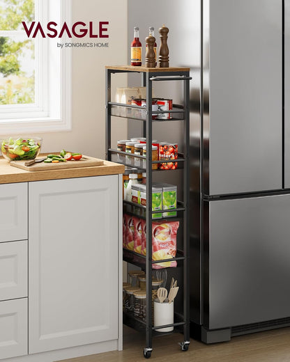 VASAGLE Slim Rolling Cart, 4-Tier Narrow Storage Cart with Handle, 5.1 Inches Deep, Metal Frame, for Kitchen, Dining Room, Living Room, Home Office, Rustic Brown and Classic Black ULRC032B01V1