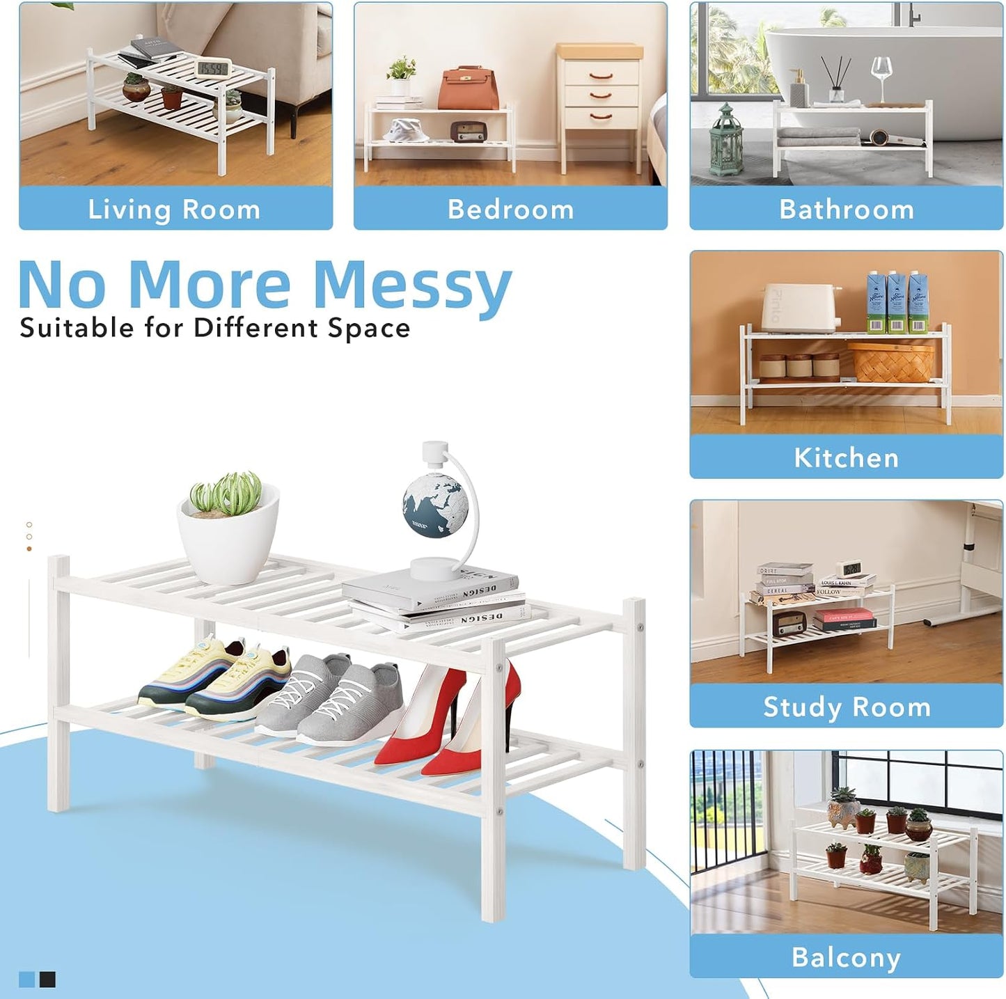 4 Tier Bamboo Shoe Rack Storage Organizer for Closet, Multifunctional Stackable Free Standing Shoe Shelf Organizer for Small Space,Entryway, Hallway, Bathroom27 x11 x26(White, 4 Tier)