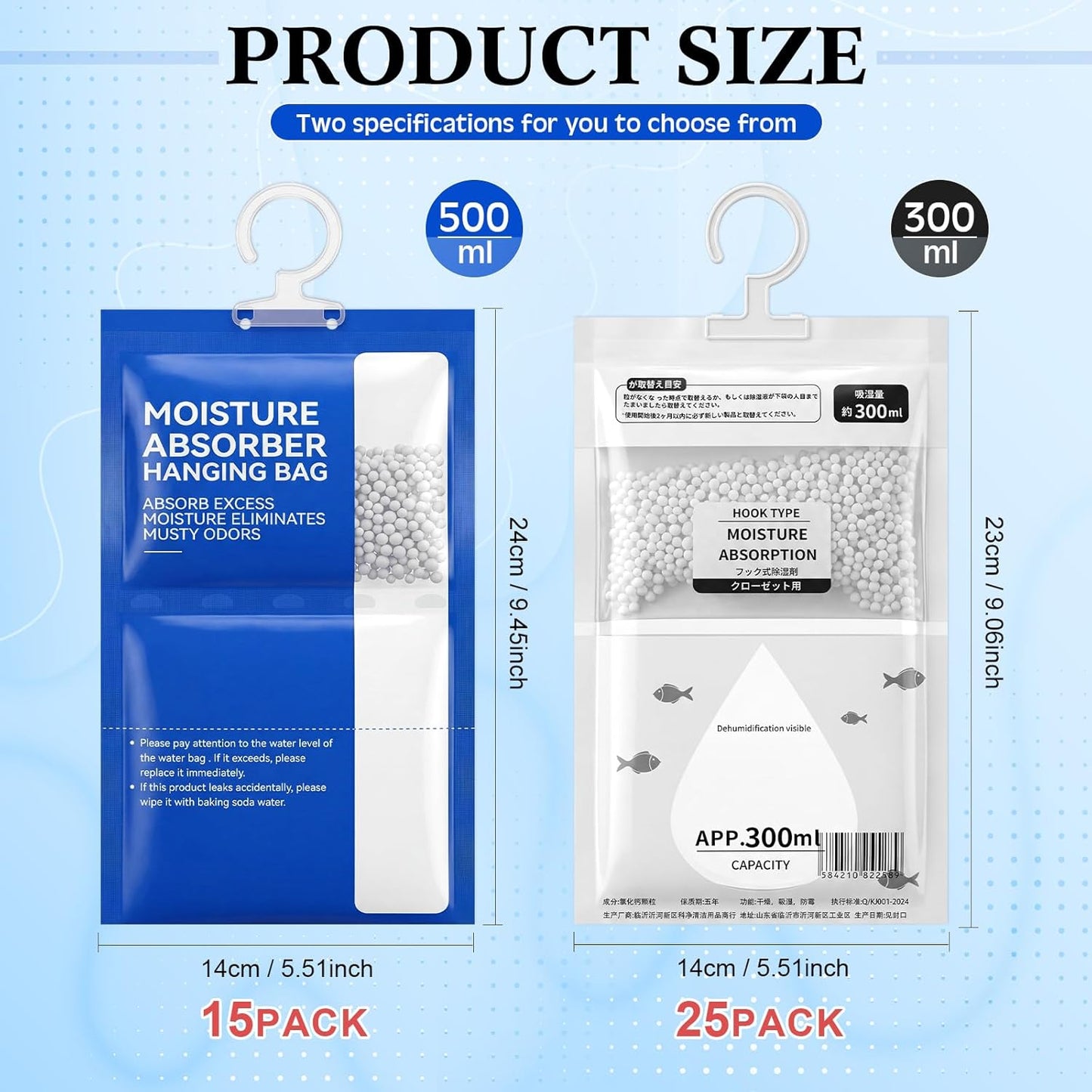 Hoteam 40 Pack Hanging Moisture Absorbers Bags 10 oz & 16.9 oz Capacity, Dehumidifier Bags Calcium Chloride Unscented Humidity Absorber Desiccant for Closet, Wardrobes, Car, Bathroom, Bedroom, Boat
