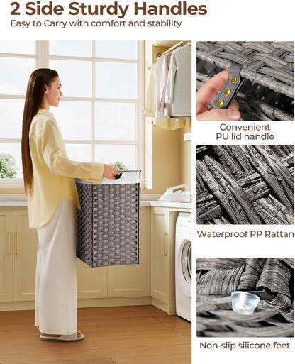 Greenstell Laundry Hamper with 2 Removable Liner Bags, Foldable Divided Clothes Hamper, 90L Handwoven Rattan Laundry Basket with Lid and Handles, No Assembly Needed, 18.3x13.3x24 Inches, Black