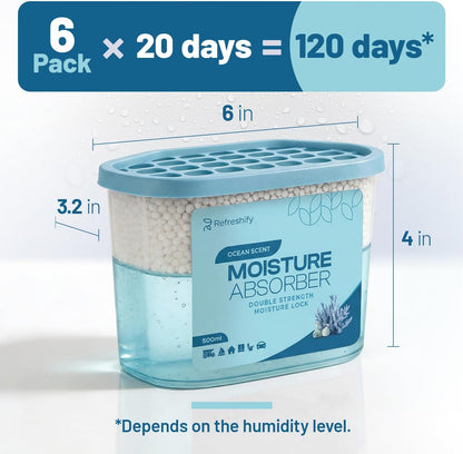 Premium Moisture Absorbers and Dehumidifier Tubs – High-Efficiency Closet Dehumidifier and Dehumidifier for Car, Odor Control Fragrance Free, 6 Pack, 7.5 Oz