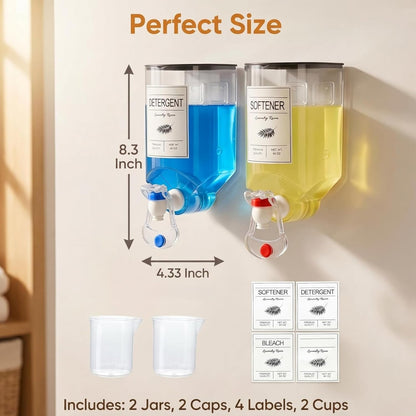 2 Pack Laundry Soap Dispenser,Wall Mounted Detergent Dispenser, Fabric Softener Dispenser, Liquid Dispenser with Spigot for Laundry Room Organization and Storage with 4 Labels Measuring Cups