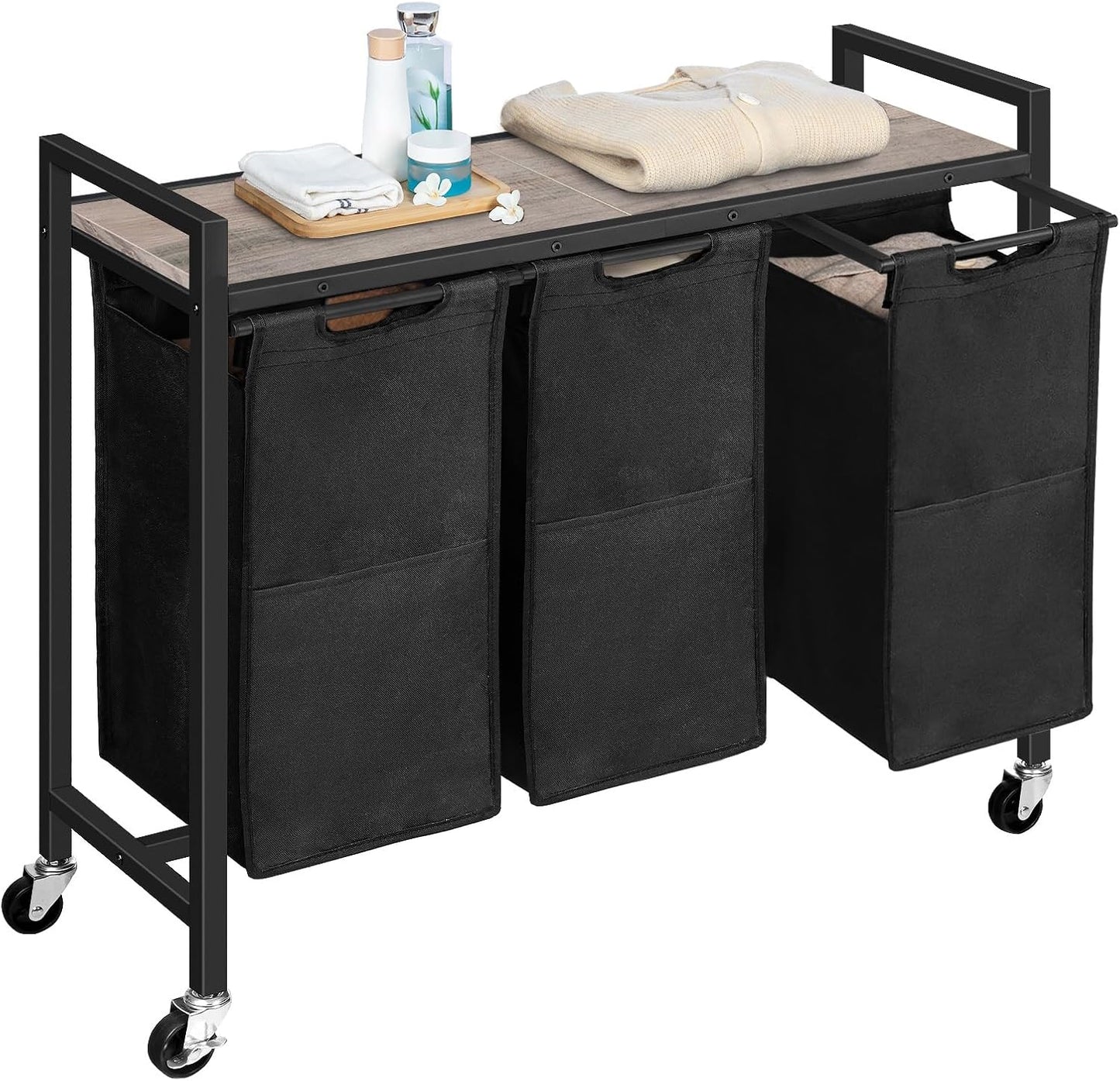 HOOBRO Laundry Sorter 3 Section, Laundry Hamper with Wheels, 3 × 11.5 Gal (43.5 L), Rolling Laundry Basket, Pull-Out and Removable Oxford Fabric Laundry Bags, Rustic Brown and Black BF76XY01