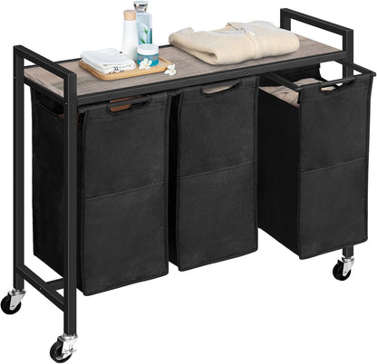 HOOBRO Laundry Sorter 3 Section, Laundry Hamper with Wheels, 3 × 11.5 Gal (43.5 L), Rolling Laundry Basket, Pull-Out and Removable Oxford Fabric Laundry Bags, Rustic Brown and Black BF76XY01