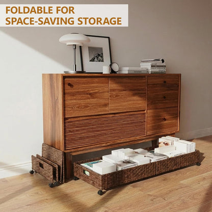 Under Bed Storage Containers with Wheels, 31.5” Large Handwoven Rattan Rolling UnderBed Storage Bins, Tool-free Assembly Natural Under The Bed Organizer Drawers for Bedroom, Sheets Clothes Blankets