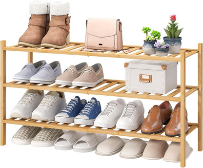 viewcare 3-Tier Black Bamboo Shoe Rack for Entryway, Stackable | Foldable | Natural, Shoe Shelf Storage Organizer for Hallway Closet, Free Standing Shoe Racks for Indoor Outdoor