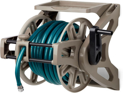 Suncast Slide Trak Garden Hose Reel, Wall-Mount Holder with Storage Tray, Dark Taupe - Outdoor Mounted Organizer for 175 Ft of 5/8" Standard Vinyl Water Hoses in Lawn and Yard