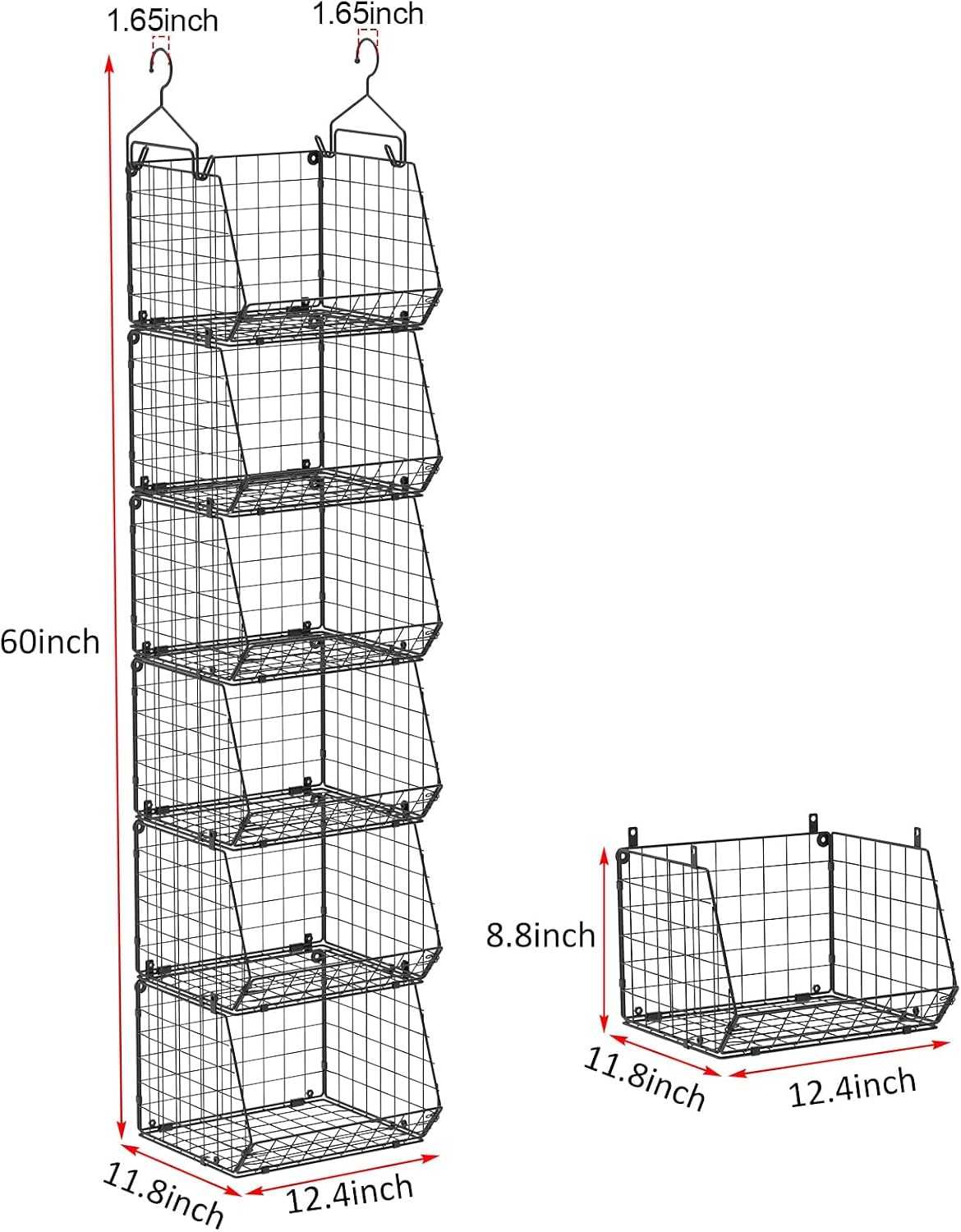 X-cosrack 6 Tier Closet Hanging Organizer, Clothes Hanging Shelves with 4 Hanging Hooks 5 S Hooks, Wire Storage Basket Bins, for Clothing Sweaters Shoes Handbags Clutches Accessories Patent