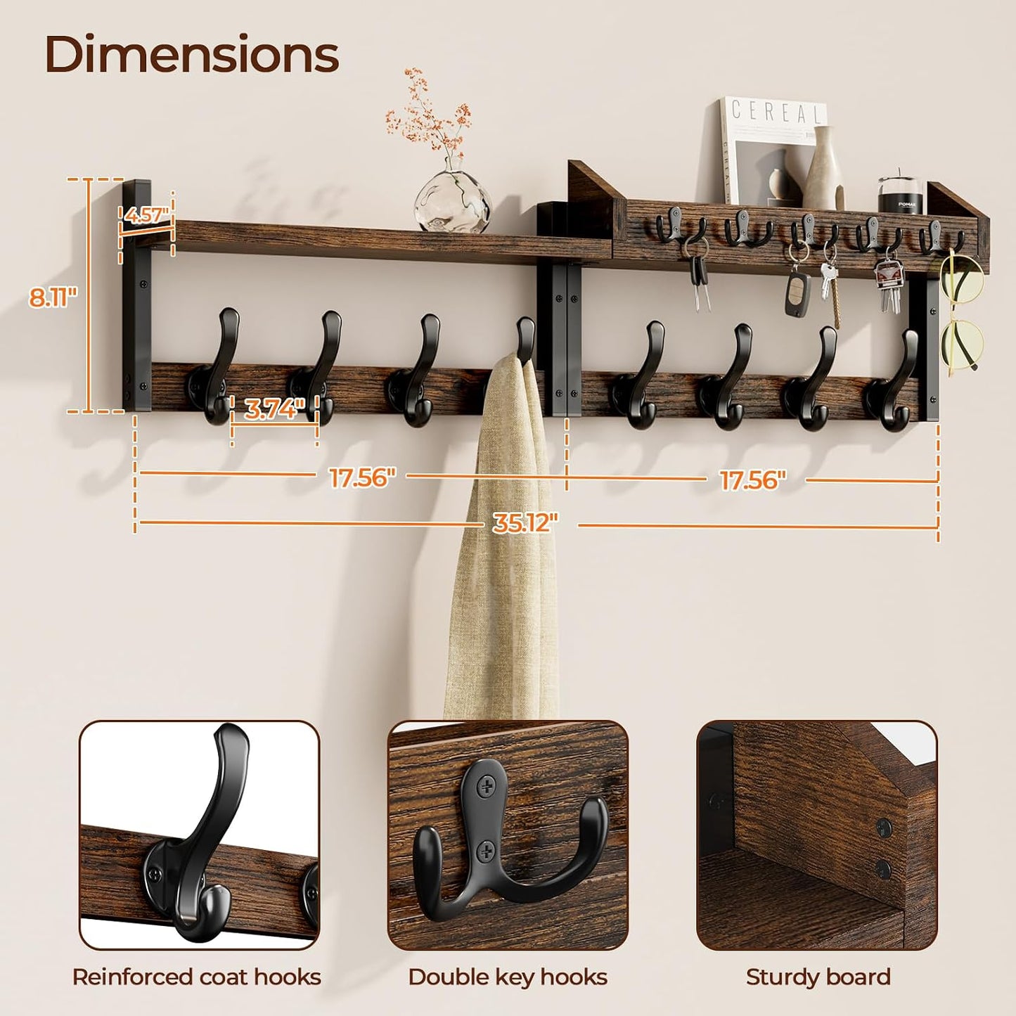 Evermagin 29" Coat Rack Wall Mount with Shelf, 4 in 1 Coat and Key Hanger with 11 Metal Hooks, Entryway Wall Mounted Shelf with Mail Holder for Living Room, Bedroom, Rustic Brown