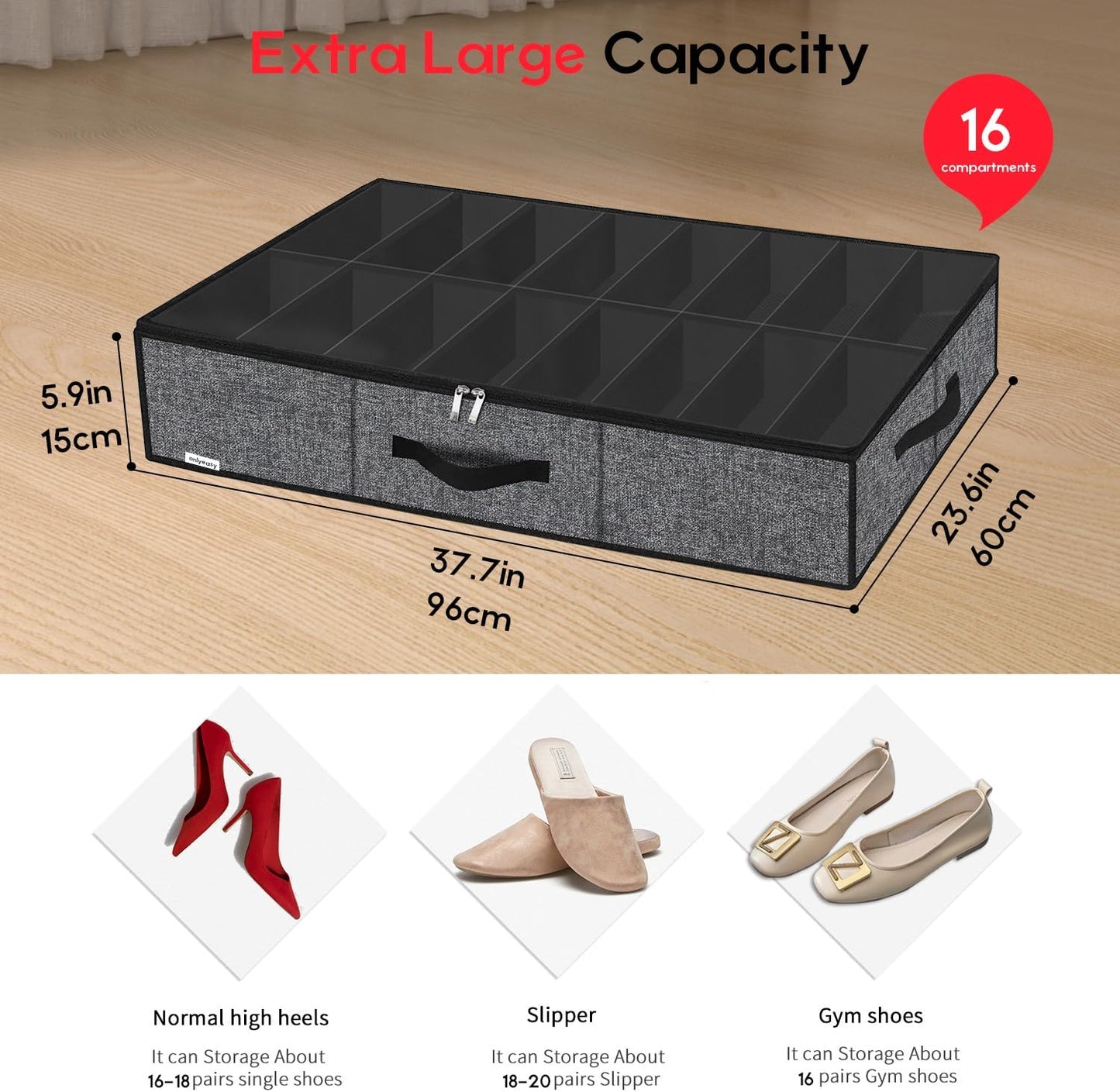 Onlyeasy Sturdy Under Bed Shoe Storage Organizer, Set of 2, Fit 12 to 24 Pairs, Underbed Shoes Closet Storage Solution with Clear Window, Breathable, L29.3 x W23.6 x H5.9, Linen-like Black, MXAUBSB2P