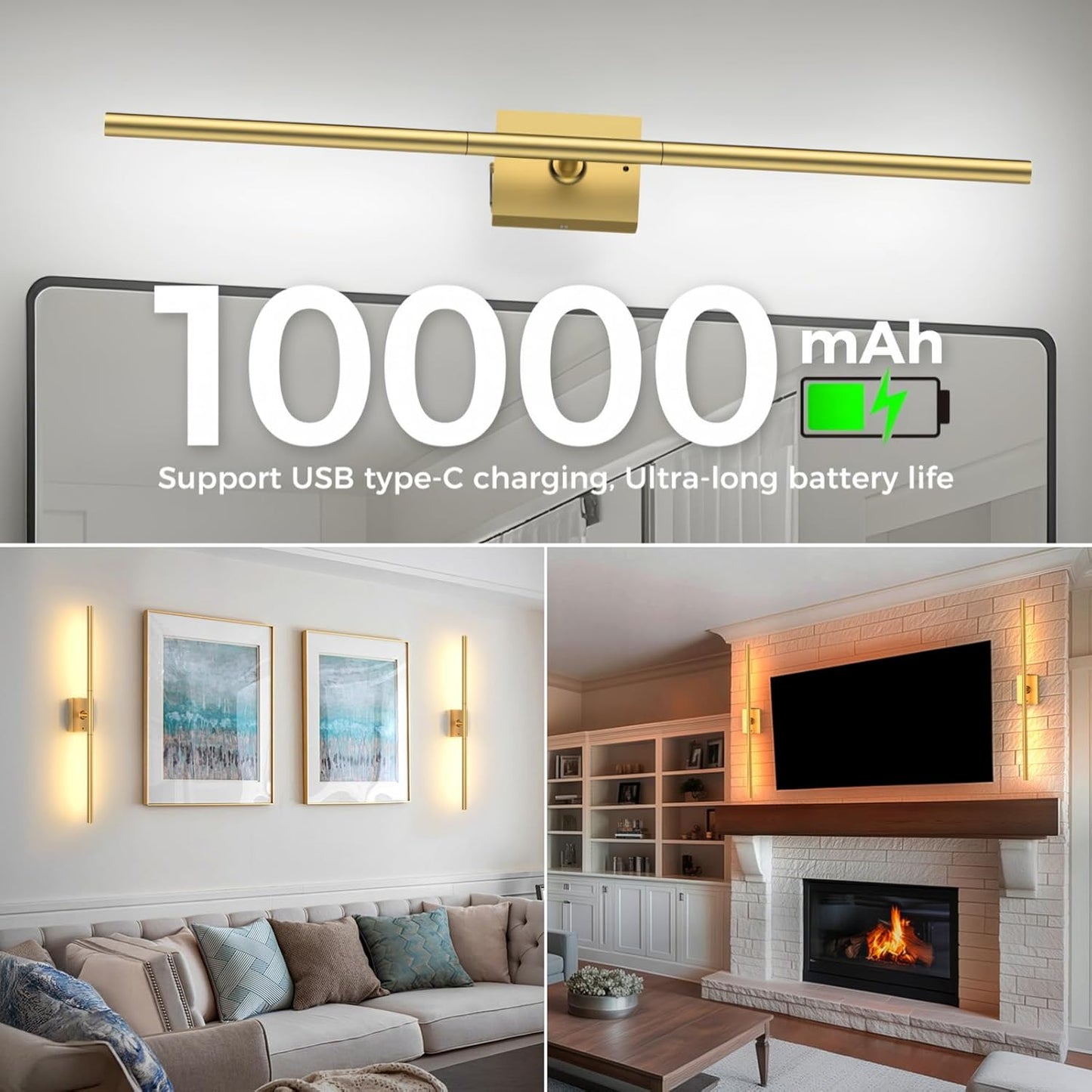 iThird Battery Operated Wall Sconces Set of 2: 10000mAh Rechargeable Wall Lights with Remote Control, 360° Rotate Wireless Wall Scone Decor for TV/Mirror Bedroom Living Room, 31.5 Inch, Black