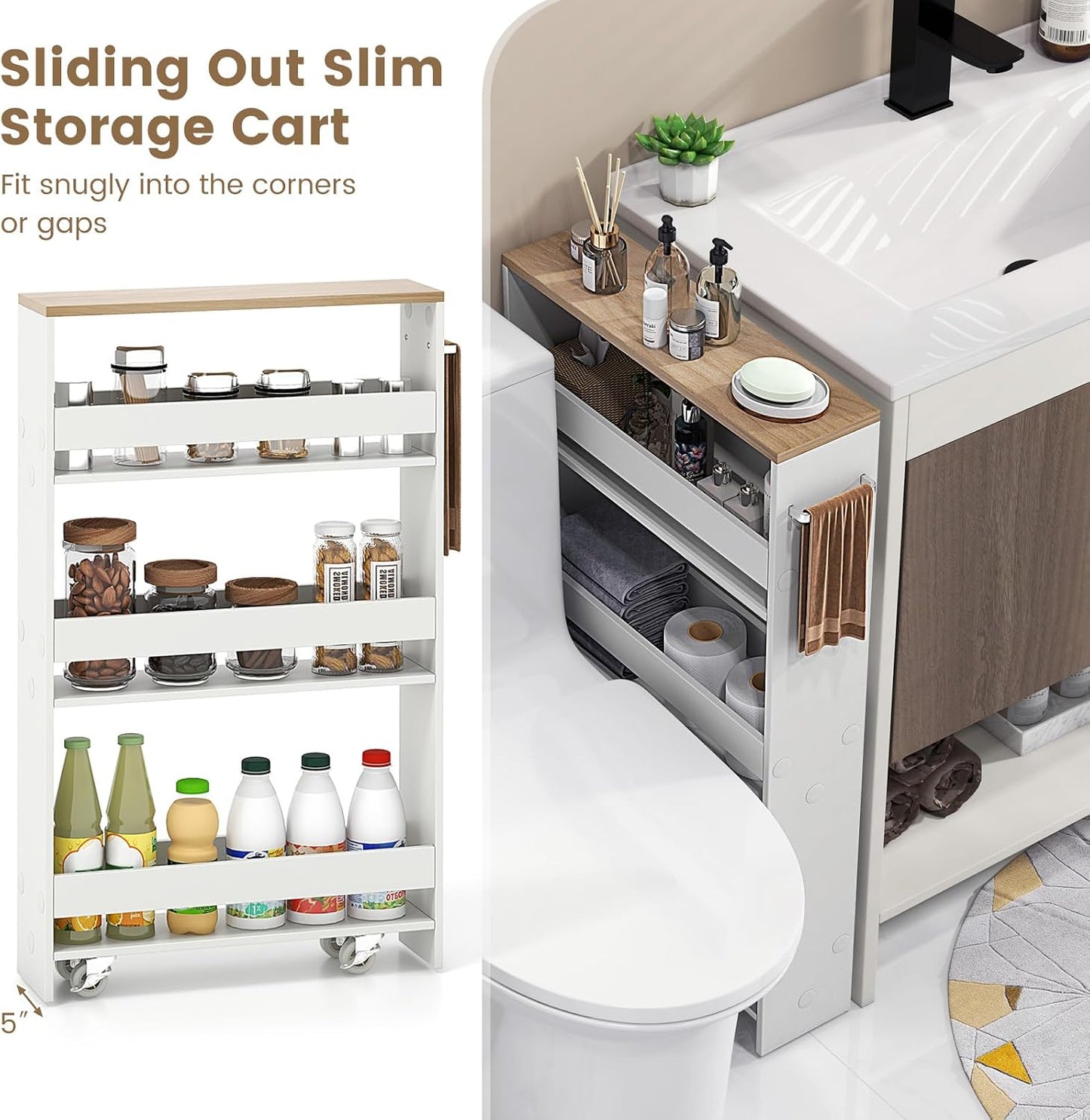 COSTWAY Slim Rolling Storage Cart, 4-Tier Rolling Utility Cart, Wood Kitchen Storage Cart with Handle & Wheels, Narrow Rolling Shelving Unit for Kitchen Bathroom Laundry Small Places (Plain White)