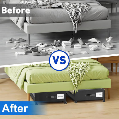 Beborxue Under Bed Storage with Wheels, 4-Pack Under Bed Storage Containers with Clear Lids, XXL 60L Under Bed Shoe Storage Organizer, Rolling Underbed Storage for Clothes, Shoes, Blankets (Beige)