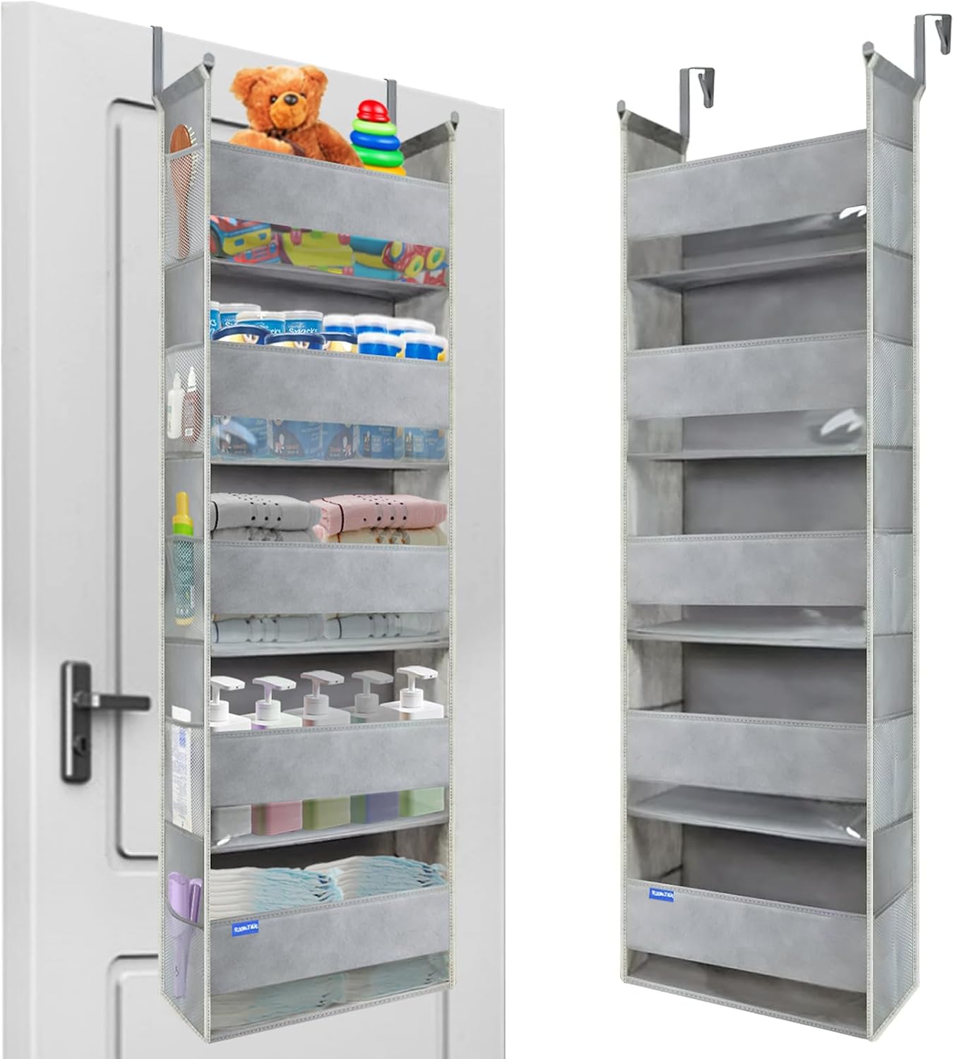 Over The Door Organizer 5-Shelves and 10 Side Pockets, Over The Door Storage for Bathroom Bedroom Nursery, Hanging Door Organizer for Baby Diapers and Kids Toys (13"x5"x44", Grey)
