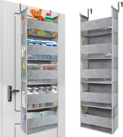 Over The Door Organizer 5-Shelves and 10 Side Pockets, Over The Door Storage for Bathroom Bedroom Nursery, Hanging Door Organizer for Baby Diapers and Kids Toys (13"x5"x44", Grey)