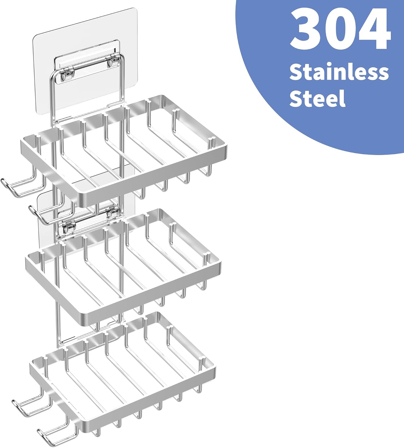 Moforoco Double Soap Bar Holder for Shower, No Drilling, 304 Stainless Steel, Wall Mounted Soap Holder with 4 Hooks and Razor Holder, Shower Rack Soap Tray Bar Soap for Bathroom Accessories Organizer