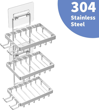 Moforoco Double Soap Bar Holder for Shower, No Drilling, 304 Stainless Steel, Wall Mounted Soap Holder with 4 Hooks and Razor Holder, Shower Rack Soap Tray Bar Soap for Bathroom Accessories Organizer