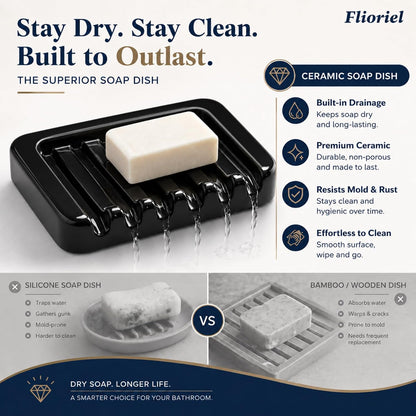 Ceramic Soap Dish Self Draining Soap Holder Bathroom Sink | White Porcelain Soap Tray Self Draining Keeps Soap Dry Anti Slip Silicone Pads Easy Clean Modern Minimalist Bathroom Shower