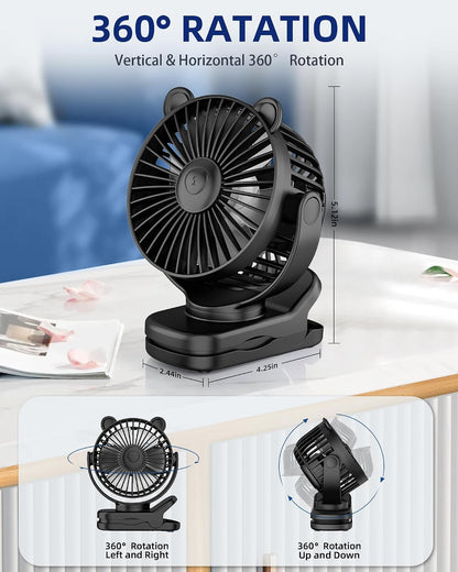 KIDEE Portable Clip on Fan, Small Desk Fan Battery Operated, 360° Rotation, Cute Design, 3 Speed, Mini Table Fan USB Rechargeable, Personal Cooling Baby Stroller Fan for Home Office Outdoor Travel