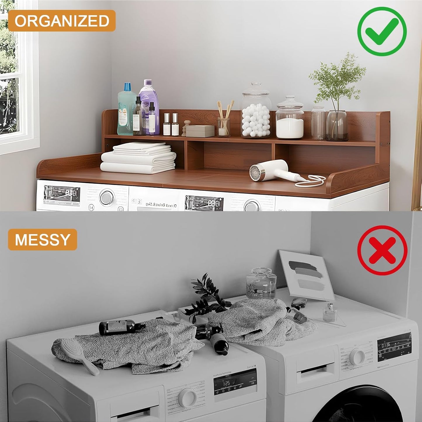 Washer Dryer Countertop with Shelf, 2-Tier Laundry Countertop Over Washer and Dryer, 54" x 27.55" Wooden Table for Folding Clothes for Laundry Room Organization and Storage (Black)