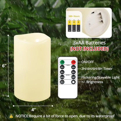 NURADA Large Waterproof Flameless Candles 6" 8" 10" x 4" - Outdoor Indoor LED Pillar Flickering Candle Battery Operated with Timer Remote for Patio Porch Lanterns - Ivory White Set of 3