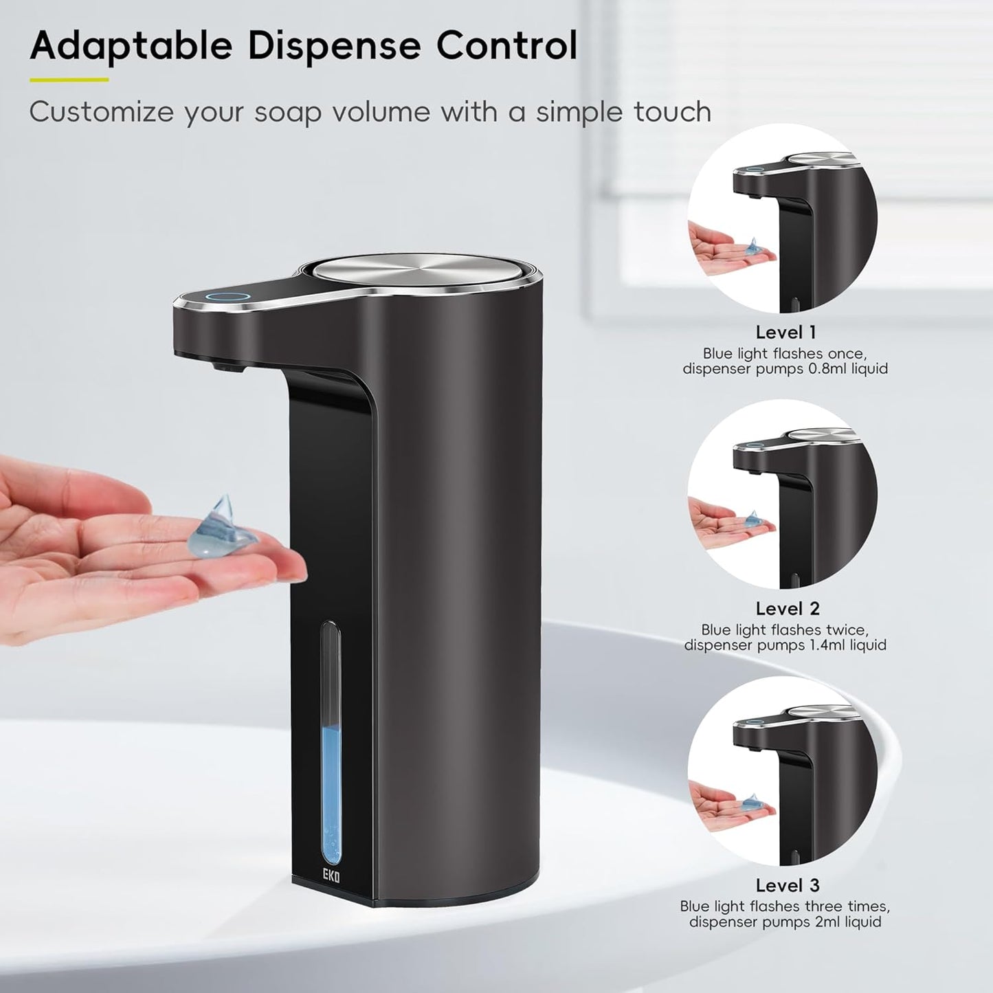 EKO Aroma 9 fl oz Automatic Liquid Soap Dispenser, Rechargeable & Water-Resistant Soap Dispenser for Kitchen and Bathroom with Adjustable Volume Control (Matte Black Steel)