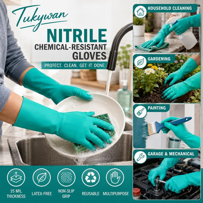 15 Mil Chemical Resistant Nitrile Gloves, Latex free Durable Cleaning Gloves, Resist Acid, Alkali, Solvent and Oil