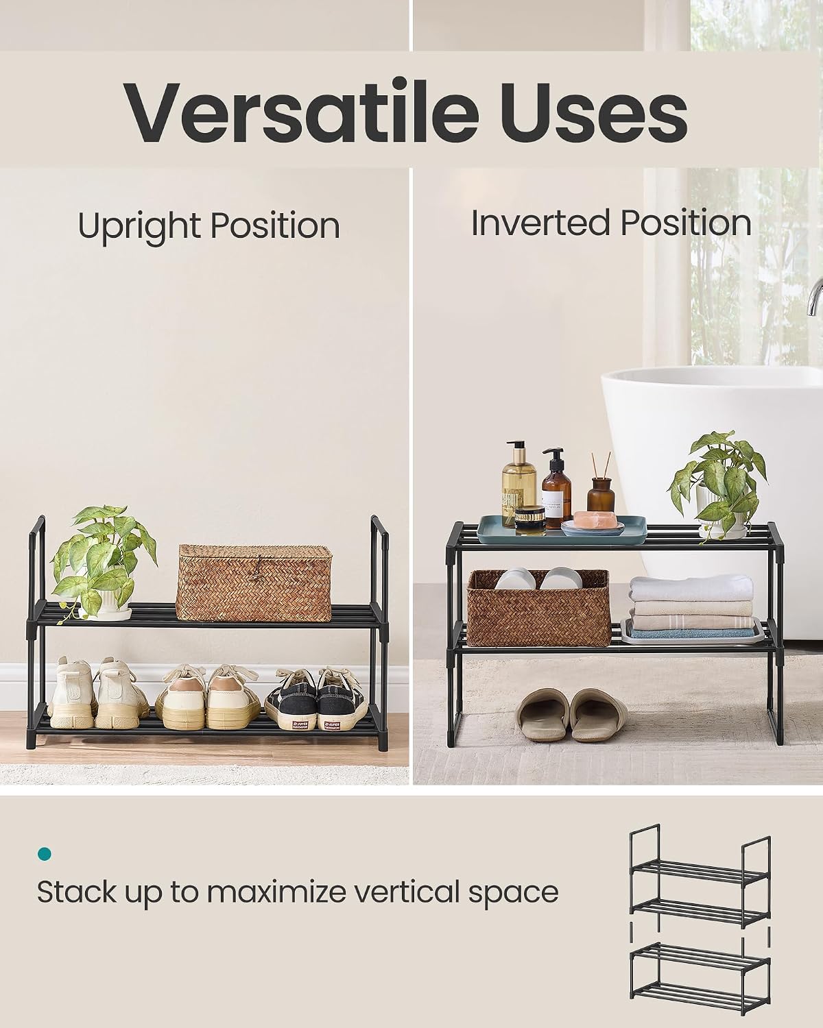 SONGMICS Shoe Rack, 6-Tier Shoe Organizer, Metal Storage Shelf, Upright or Upside Down, for 24-30 Pairs, Stackable, for Entryway, 11.8 x 36.2 x 42.7 Inches, Black ULSA306BH01