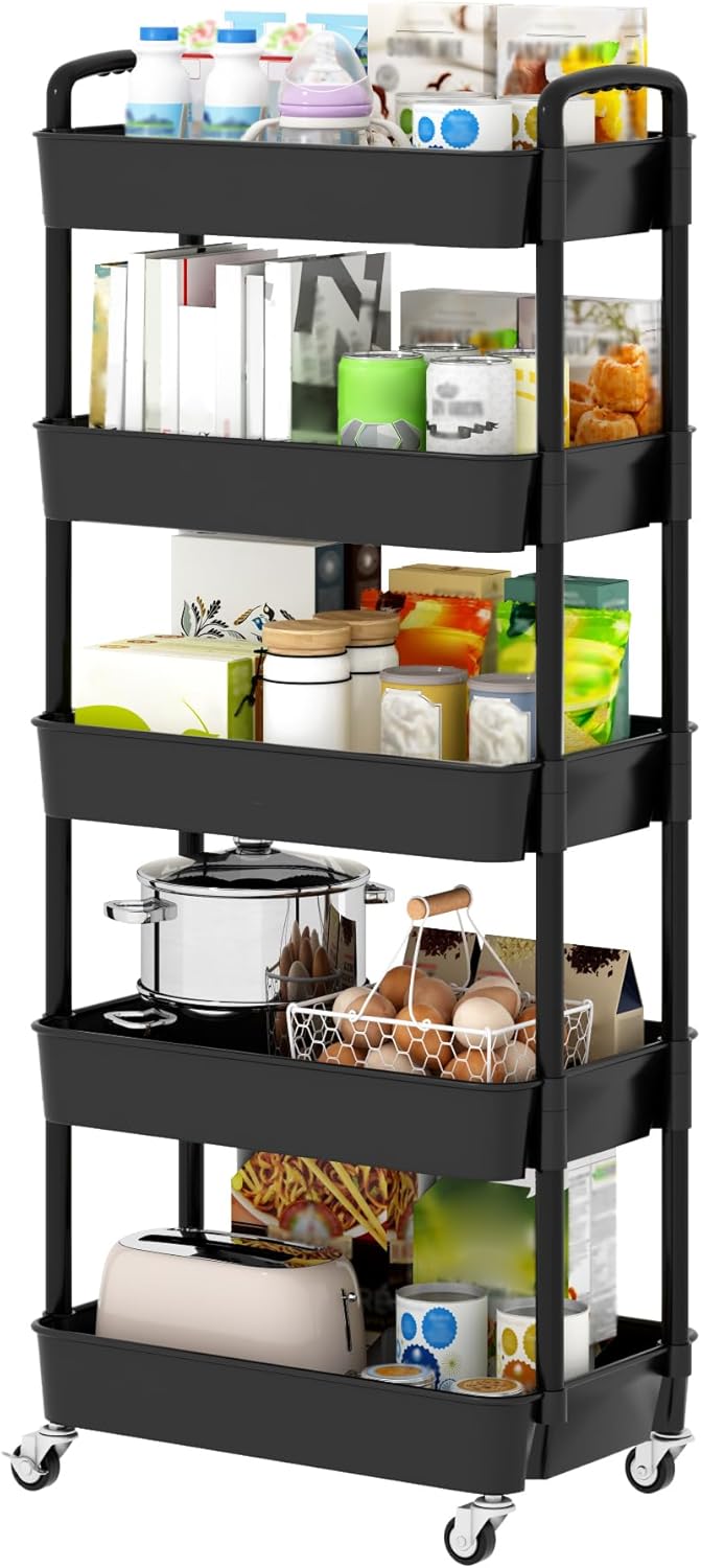 Sywhitta 4-Tier Plastic Rolling Utility Cart with Handle, Multi-Functional Storage Trolley for Office, Living Room, Kitchen, Movable Storage Organizer with Wheels, Black