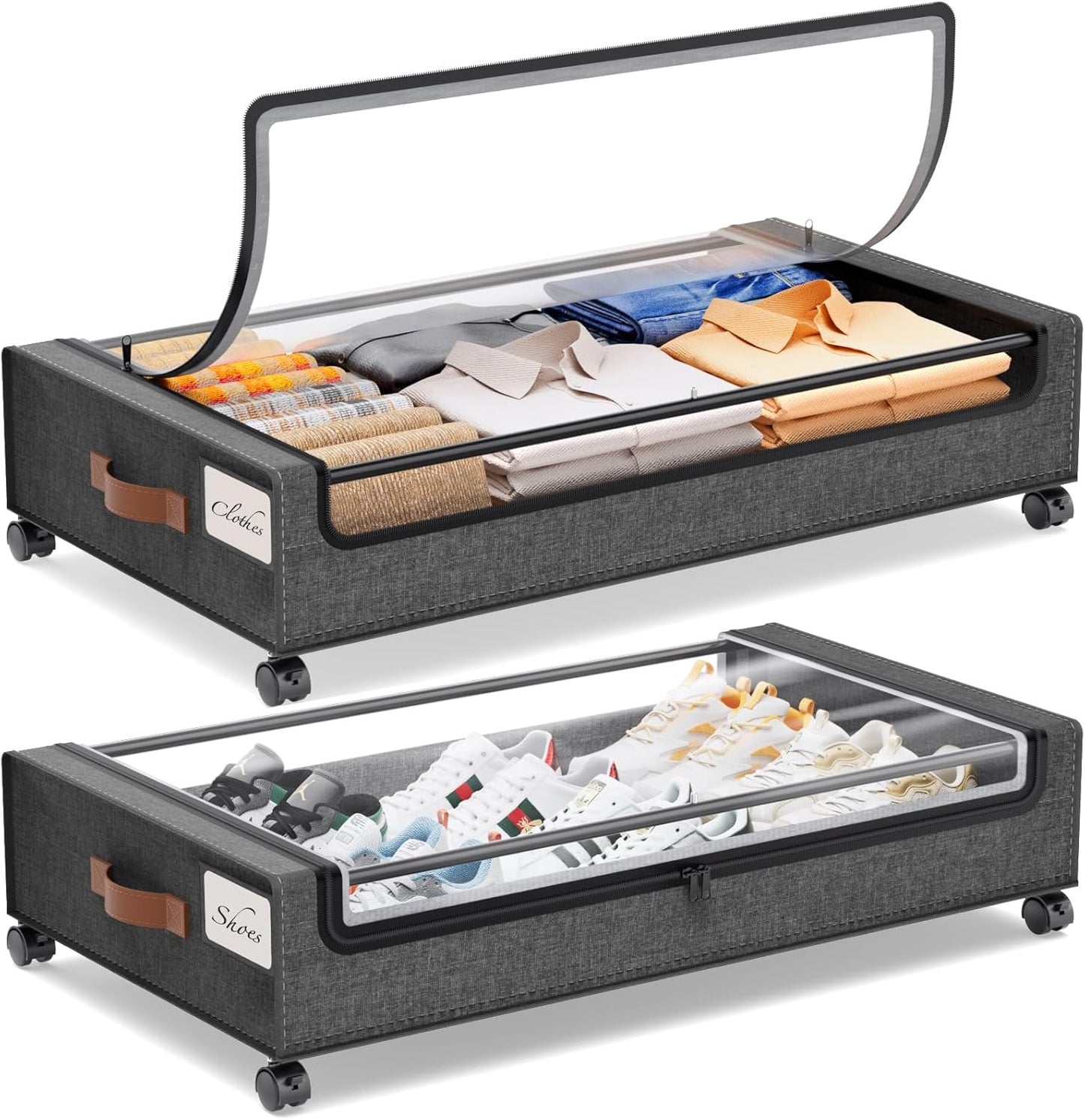 Yecaye Under Bed Storage with Wheels, 2 Pack Under Bed Storage Containers, 60L Underbed Shoe Storage with Clear Window & Label, Rolling Under Bed Metal Drawer for Clothes, Shoes, Books, Blankets