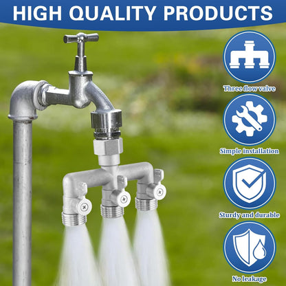 4 Way Garden Hose Splitter, 304 Stainless Steel Outdoor Faucet Splitter with 4 Individual Shut Off Valves, 3/4" GHT High Flow Hose Bib Spigot Connector
