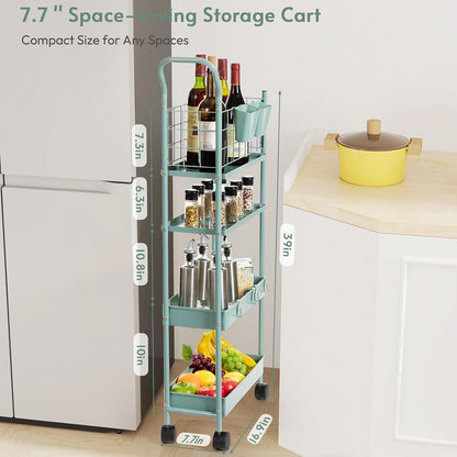 danpinera Rolling Utility Cart with Wheels, 4 Tier 7.7'' Metal Rolling Narrow Storage Cart with Hooks and Hanging Cups on Wheels for Bathroom, Kitchen, Office and Small Spaces, Green