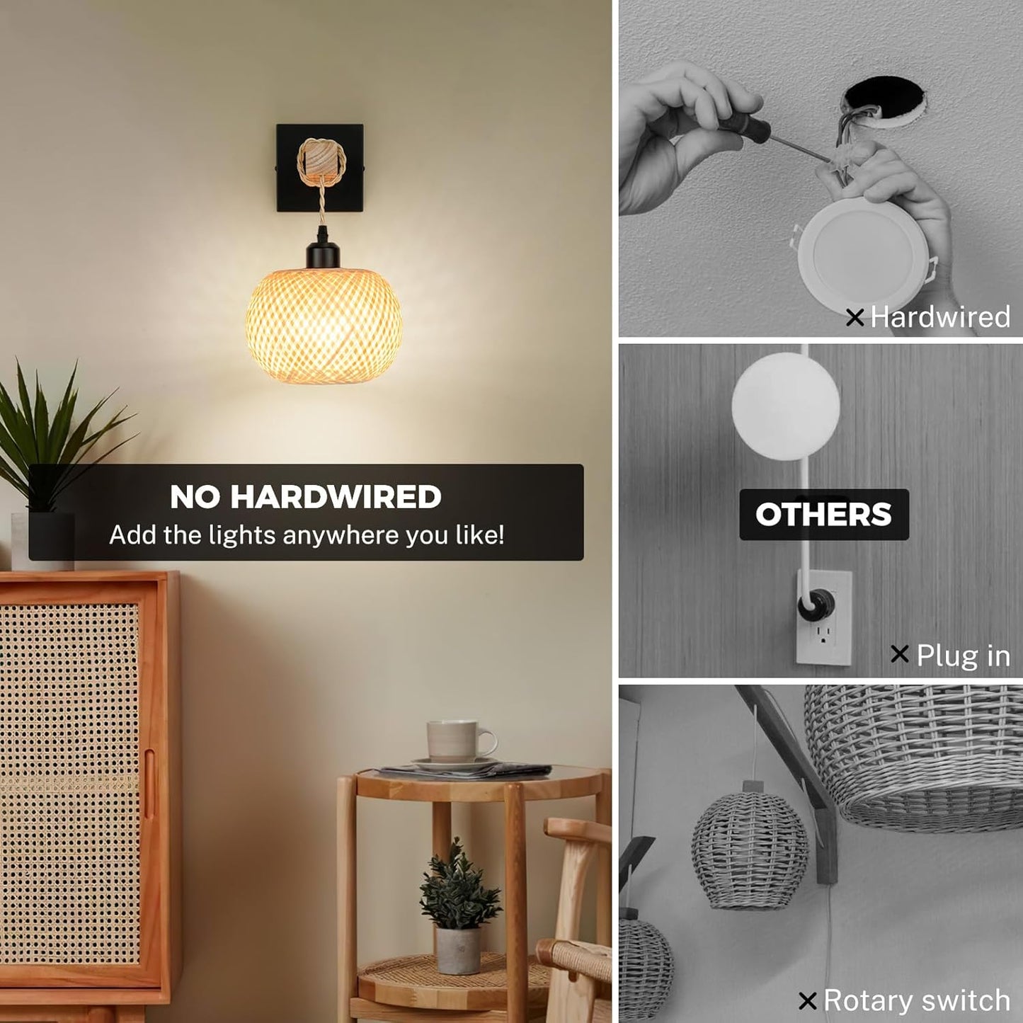 Battery Operated Wall Sconce with Remote Set of 2, Rechargeable Rattan Wall Sconces with 8000mAh Bulbs, Woven Bamboo Wall Light/Lamp Boho Wall Sconce for Bedroom (Black)