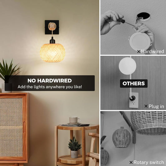 Battery Operated Wall Sconce with Remote Set of 2, Rechargeable Rattan Wall Sconces with 8000mAh Bulbs, Woven Bamboo Wall Light/Lamp Boho Wall Sconce for Bedroom (Black)