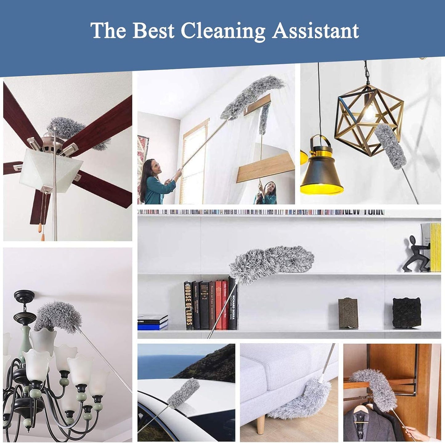 Microfiber Feather Duster, Extendable Cobweb Duster with 100 inches Extension Pole, Bendable & Washable & Lightweight Dusters for Cleaning Ceiling Fan, High Ceiling, Blinds, Webster, Furniture & Cars